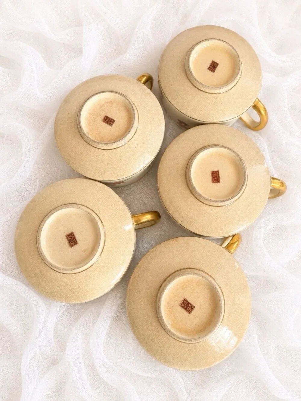 Vintage Kutani Japan Tea Set 13 Pc Autumn Maple Crackle Glaze Gold Trim Teapot
